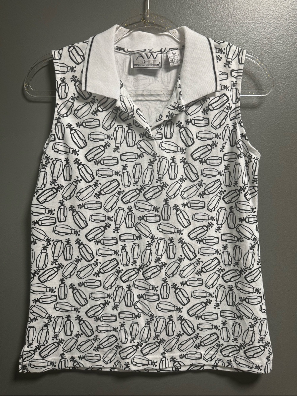 Allyson Whitmore White Sleeveless Polo with Black Golf Bag Print M